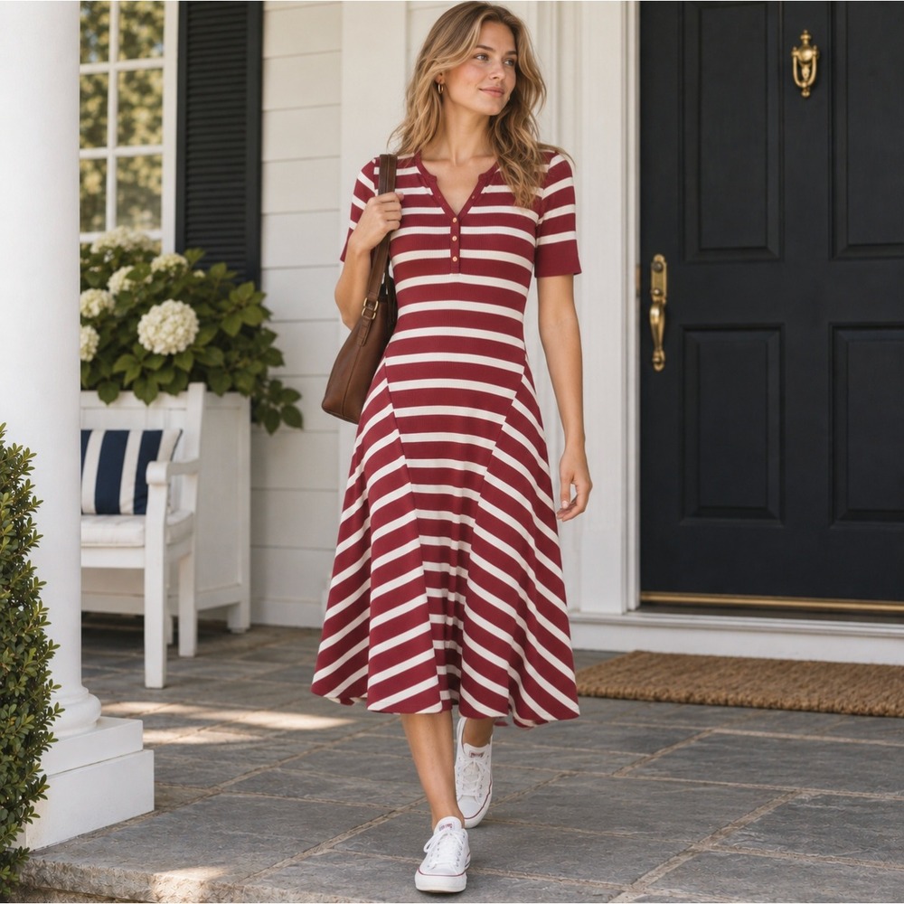 Lauren Ralph Lauren Striped Waffle Knit Henley Midi Dress Burgundy White Small